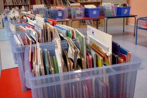 Livres dans un bac en plastique